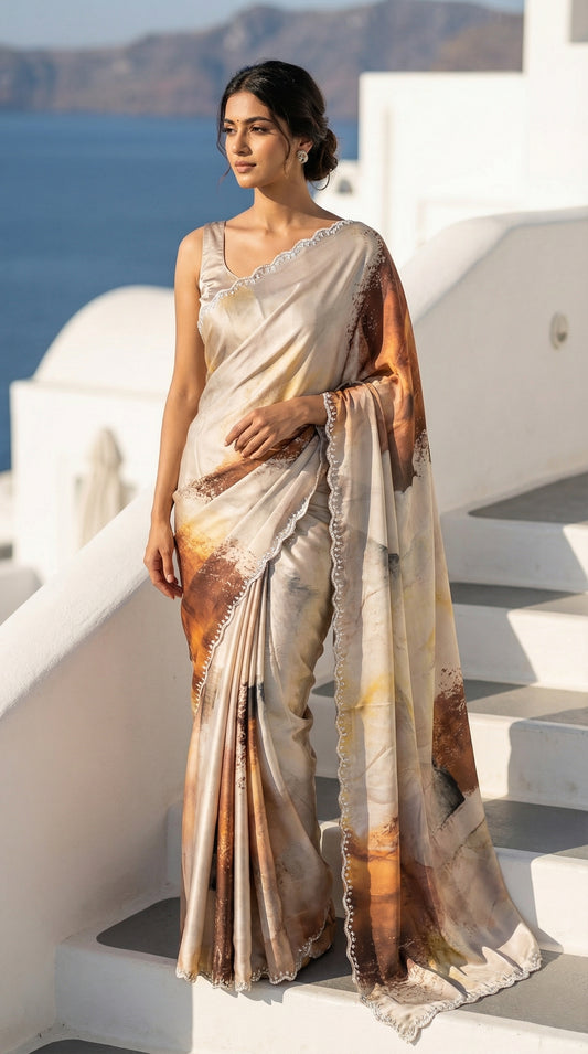 White satin georgette saree with abstract brown brushstroke print and scalloped border, standing on white steps with ocean view.