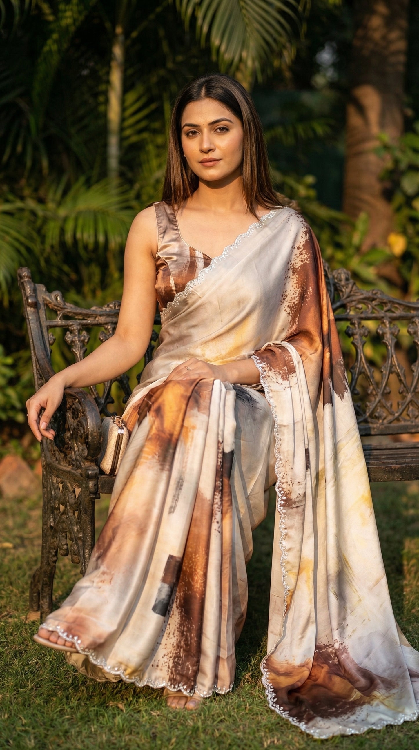 White satin georgette saree with abstract brown brushstroke print and scalloped border, sitting outdoors with greenery in the background.