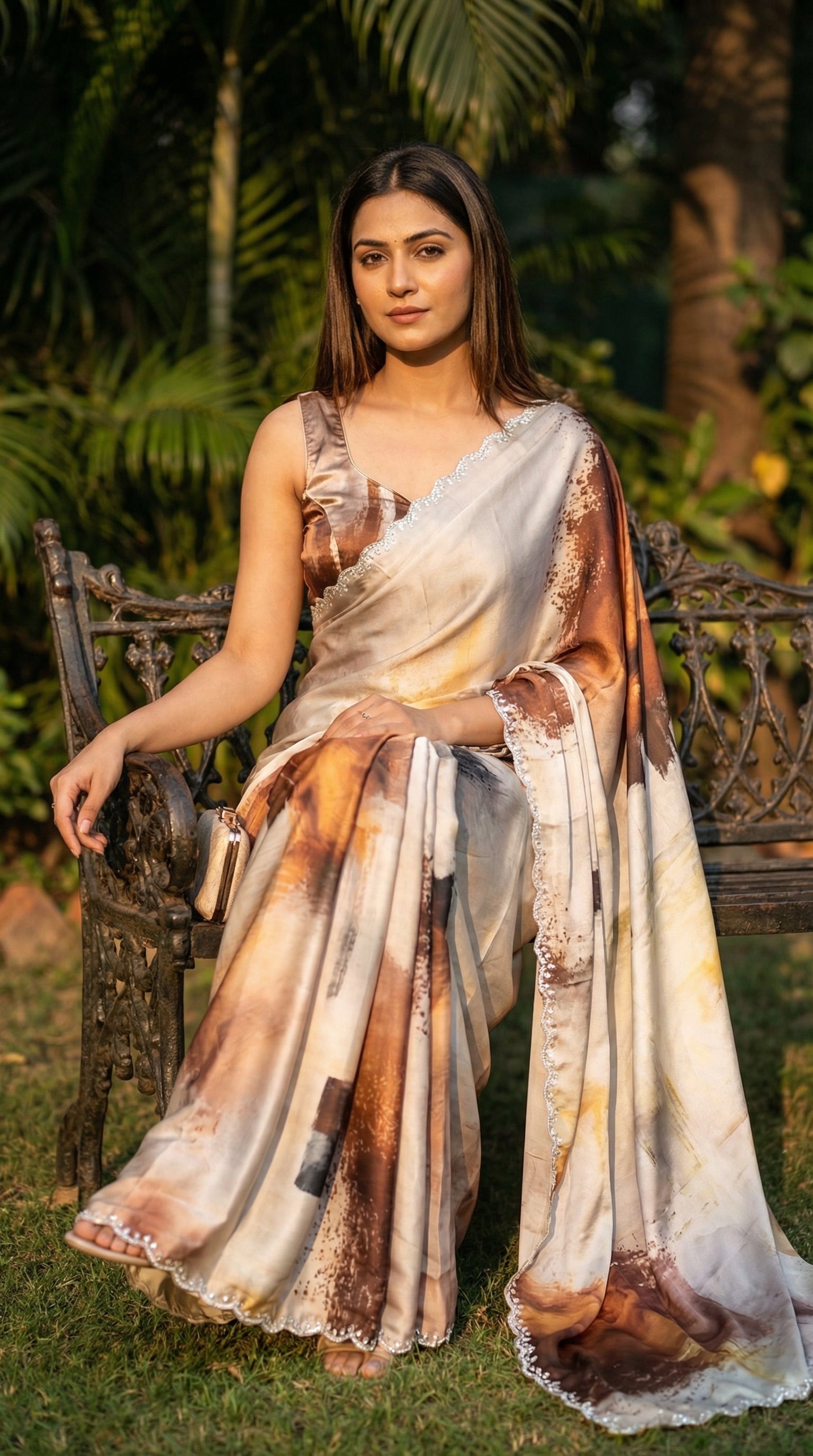 White satin georgette saree with abstract brown brushstroke print and scalloped border, sitting outdoors with greenery in the background.