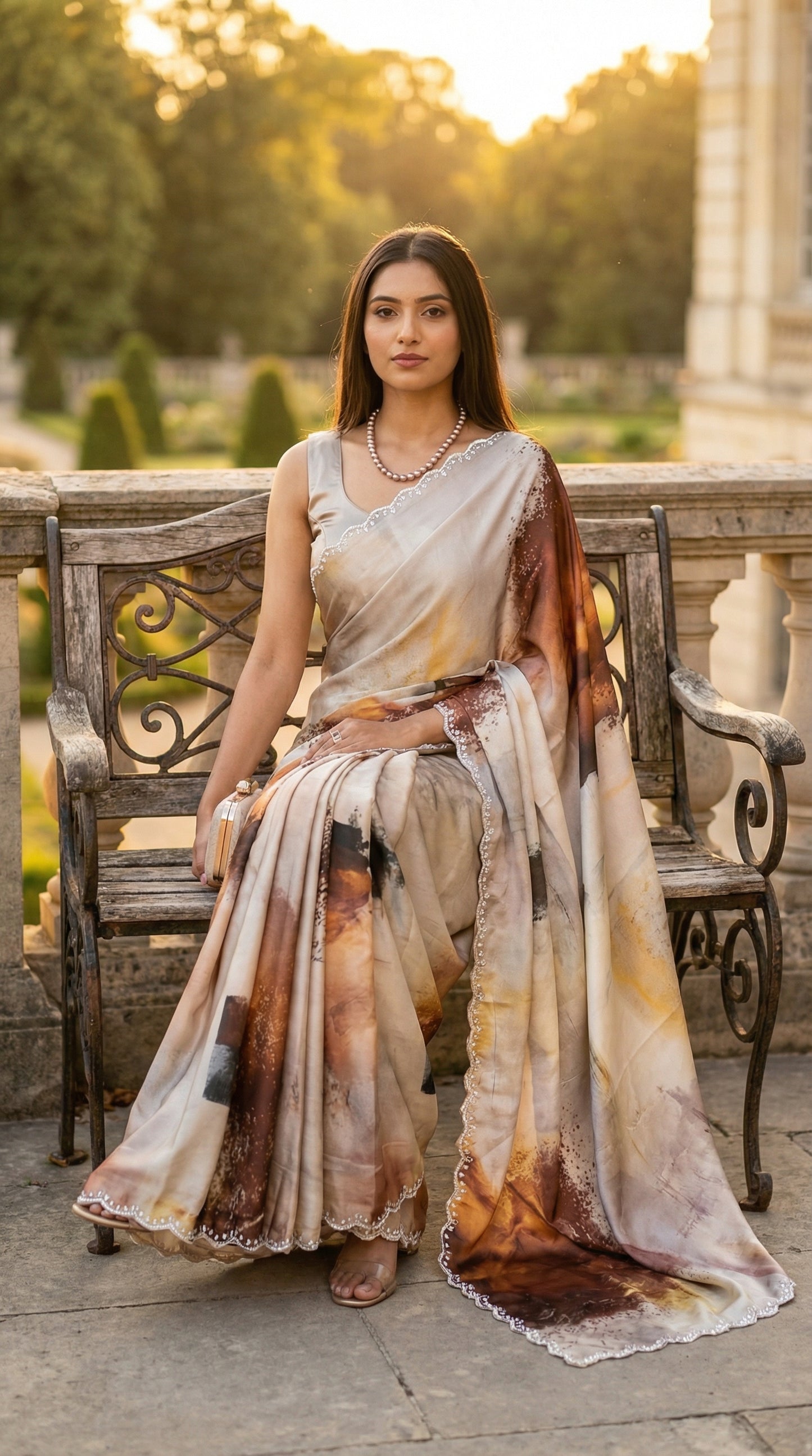 White satin georgette saree with abstract brown brushstroke print and scalloped border, sitting on a bench outdoors.