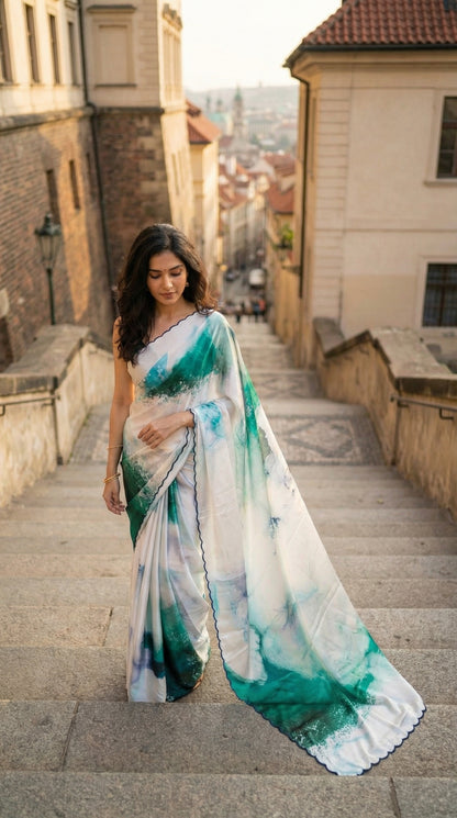White satin georgette saree with abstract green brushstroke print and scalloped border, walking down stone steps in an urban setting.