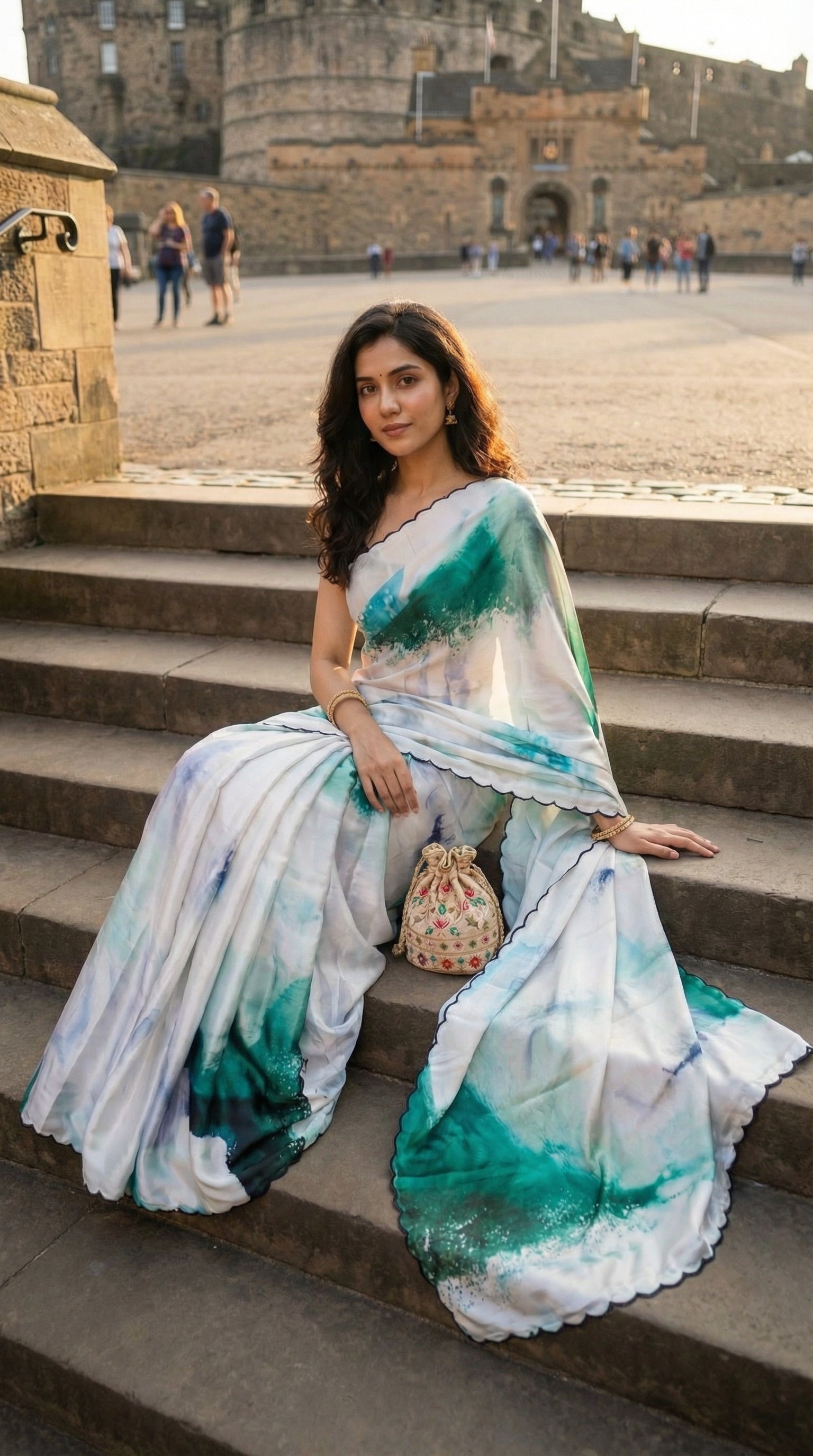 White satin georgette saree with abstract green brushstroke print and scalloped border, sitting on steps with a castle in the background.