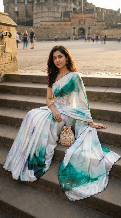 White satin georgette saree with abstract green brushstroke print and scalloped border, sitting on steps with a castle in the background.