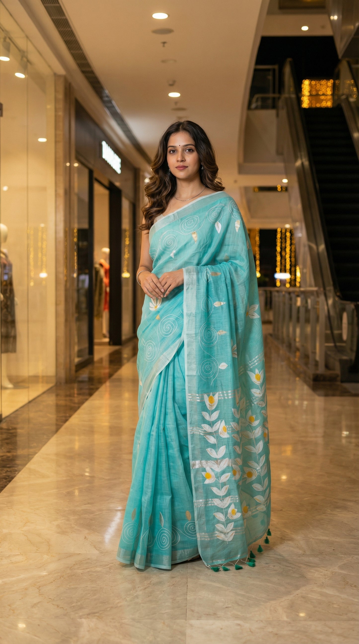 Woman in a sea green hand painted cotton linen saree with floral motifs and tassel pallu, standing in a mall.