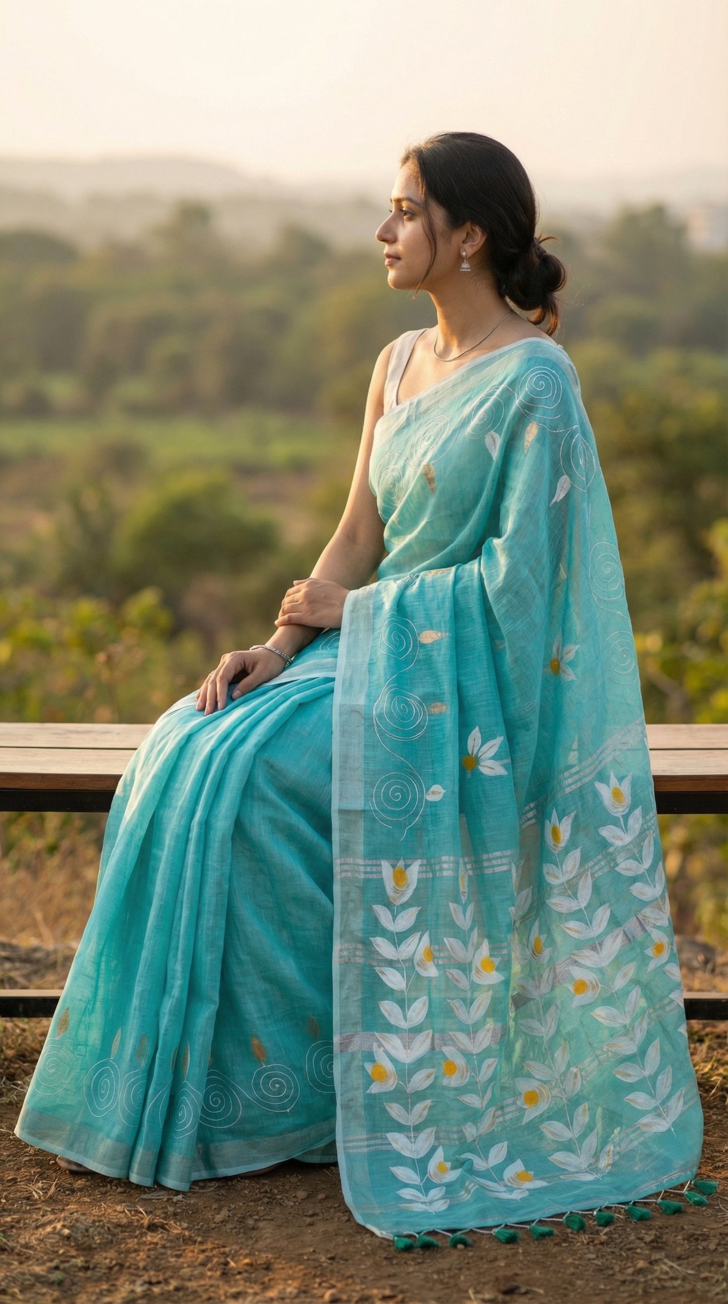Woman in a sea green hand painted cotton linen saree with floral motifs and tassel pallu, sitting outdoors.