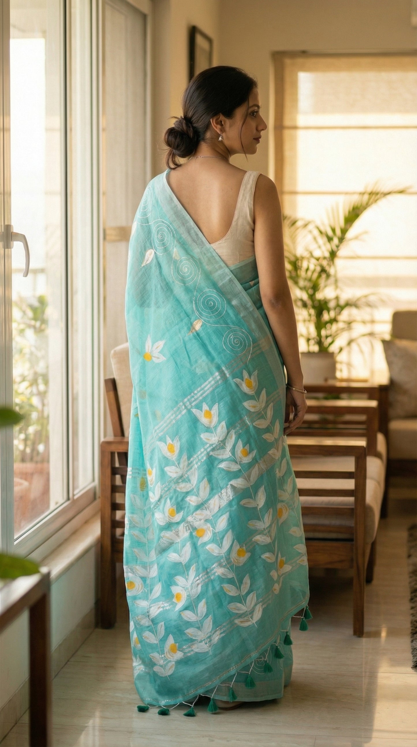 Woman in a sea green hand painted cotton linen saree with floral motifs and tassel pallu, standing in a well-lit room.