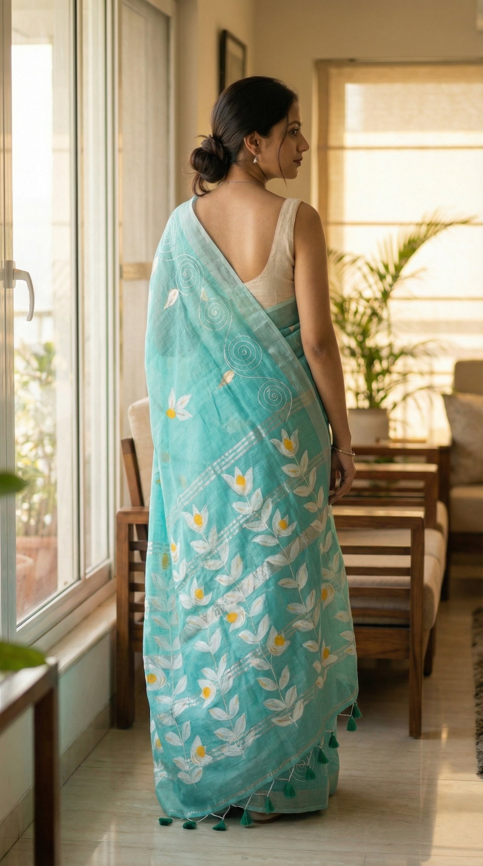 Woman in a sea green hand painted cotton linen saree with floral motifs and tassel pallu, standing in a well-lit room.