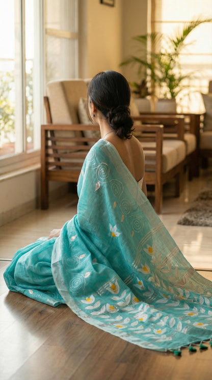 Woman in a sea green hand painted cotton linen saree with floral motifs and tassel pallu, sitting on the floor in a room with wooden furniture and plants.