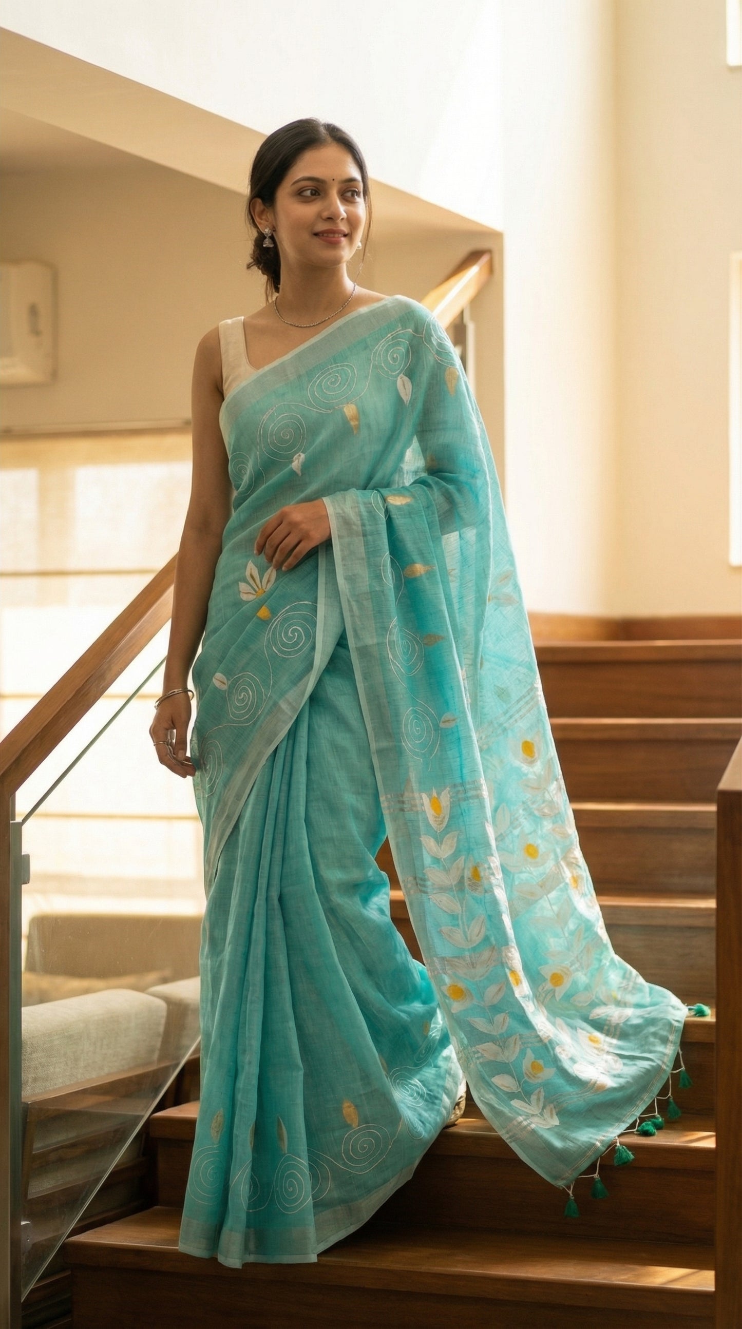 Woman in a sea green hand painted cotton linen saree with floral motifs and tassel pallu, standing on a staircase indoors