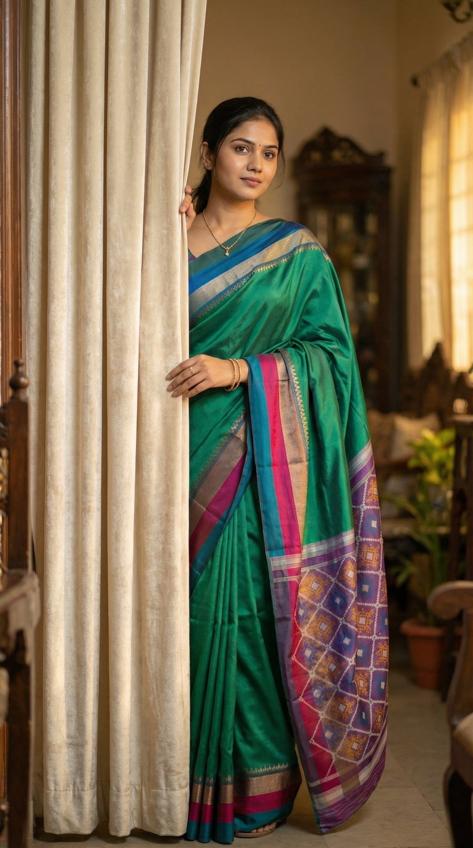 Woman in a soft silk saree in peacock green with multicolor border and dotted digital print, peaking from her curtains in her house.
