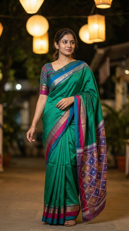 Woman in a soft silk saree in peacock green with multicolor border and dotted digital print, standing near her house.