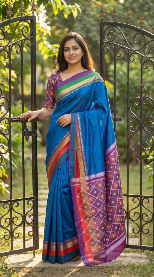 Woman in a soft silk saree in royal blue with multicolor border and dotted digital print, standing by a wrought-iron gate, one hand on the latch, slight smile; romantic editorial vibe, full-length drape visible.