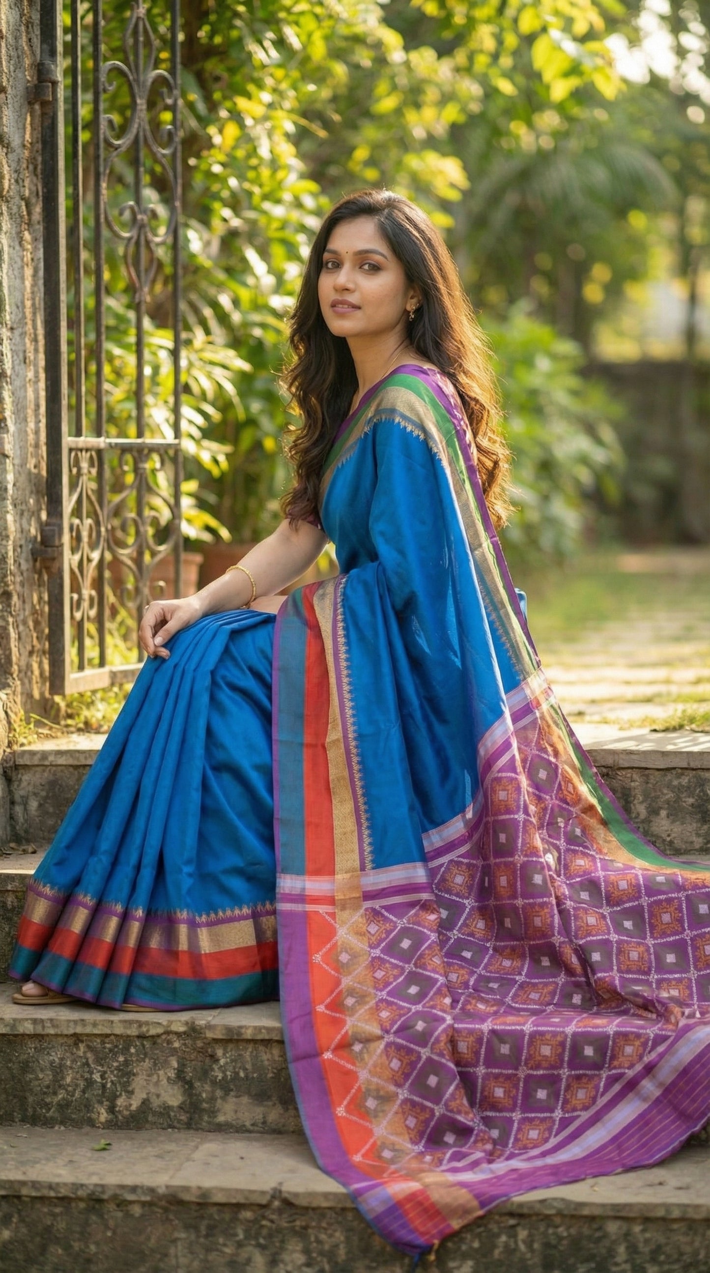 Woman in a soft silk saree in royal blue with multicolor border and dotted digital print, sitting on steps, torso turned back to camera; half portrait + pallu trail.