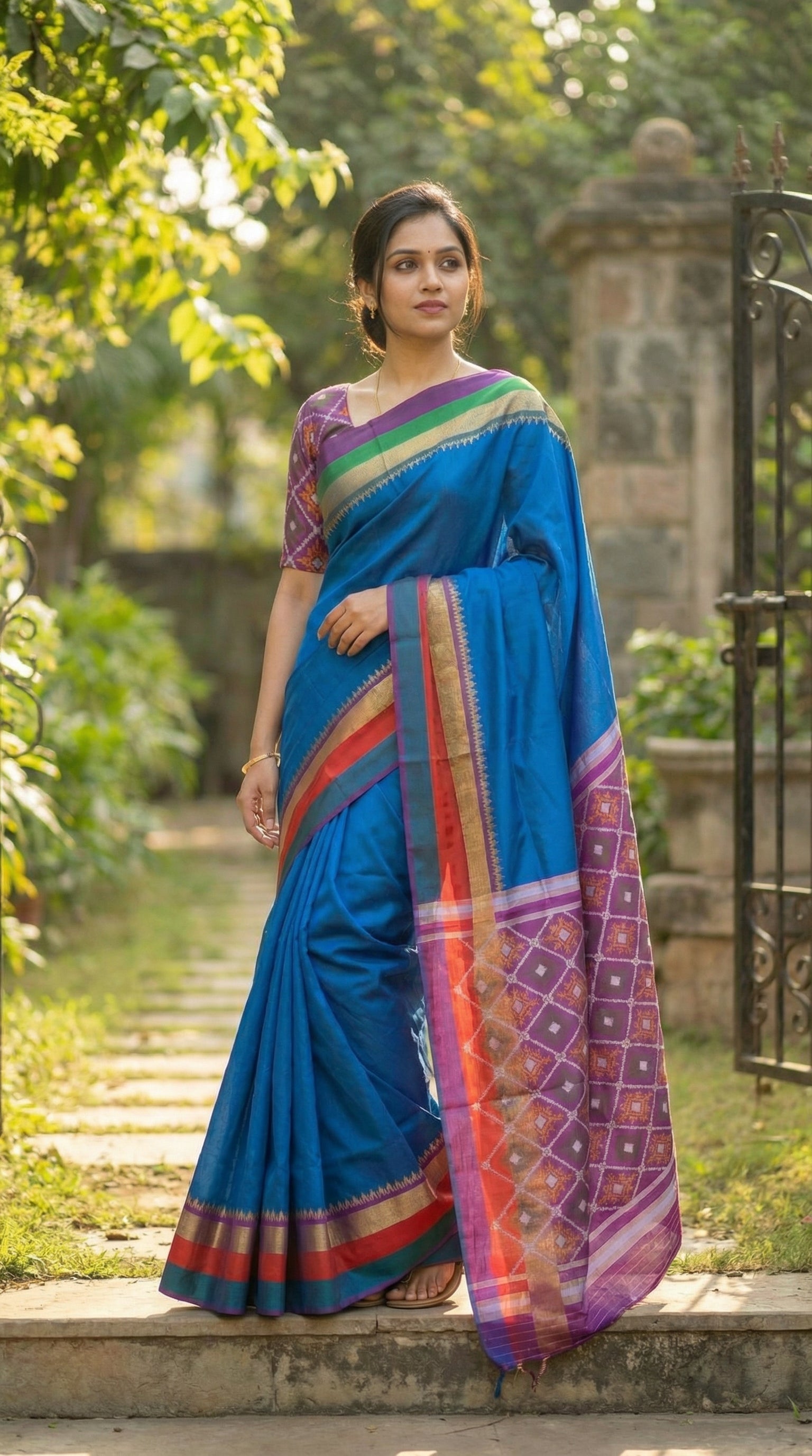 Woman in a soft silk saree in royal blue with multicolor border and dotted digital print, Standing on one step higher than camera level, one foot forward; elongates silhouette and highlights the saree’s vertical drape.