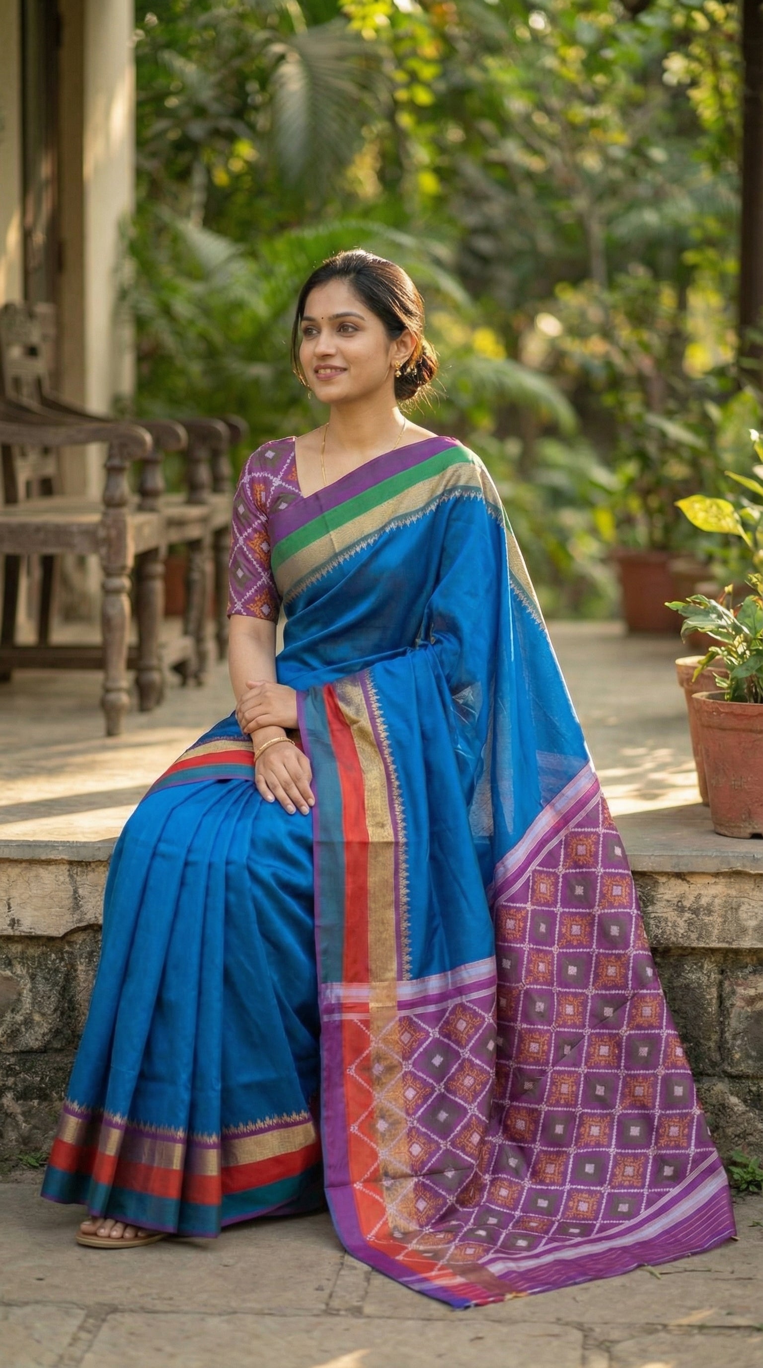 Woman in a soft silk saree in royal blue with multicolor border and dotted digital print, sitting on a veranda edge, feet down, pallu flowing beside; showcases length and fall without looking staged.