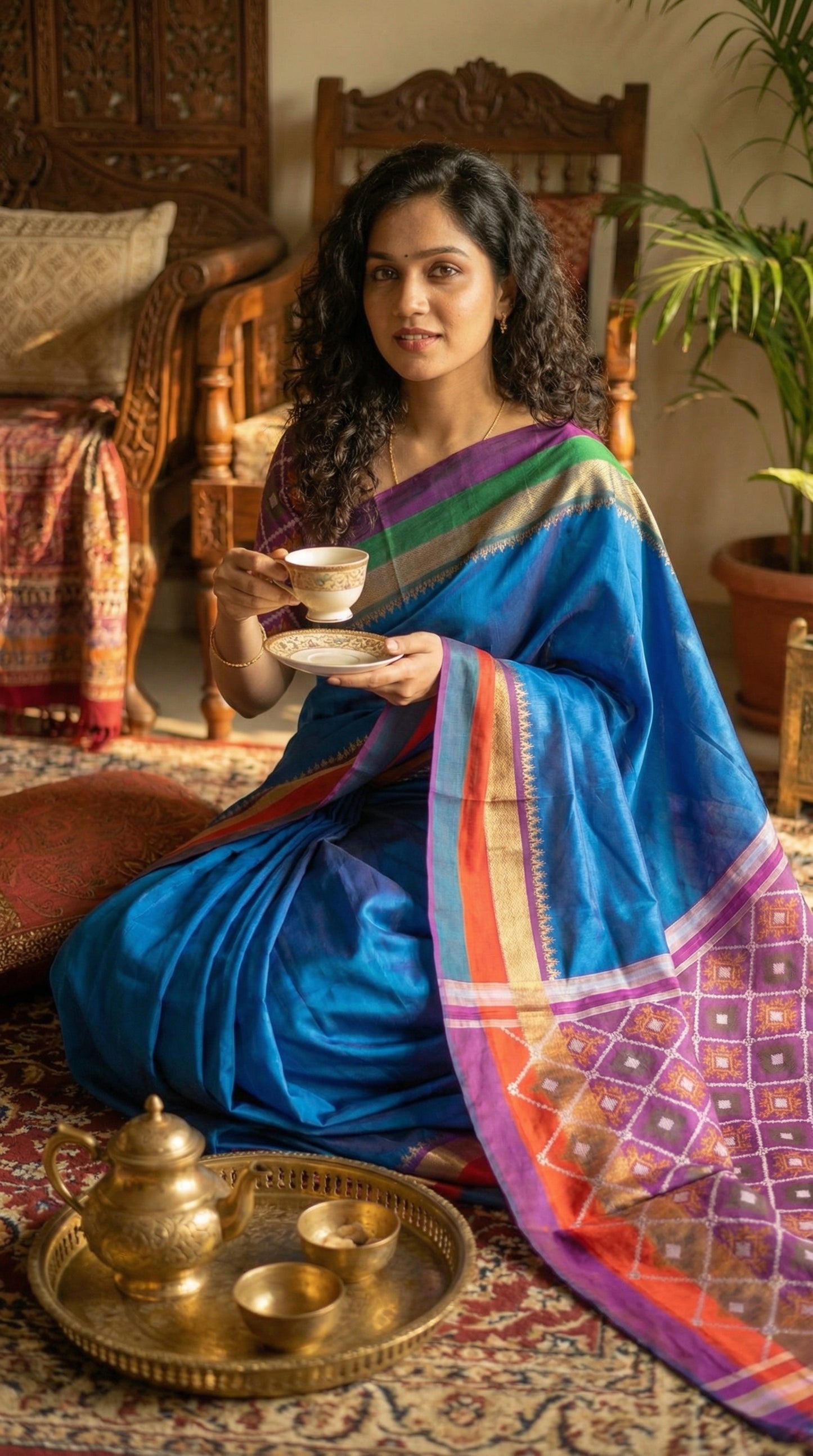 Woman in a soft silk saree in royal blue with multicolor border and dotted digital print, sitting on carpet and having tea.