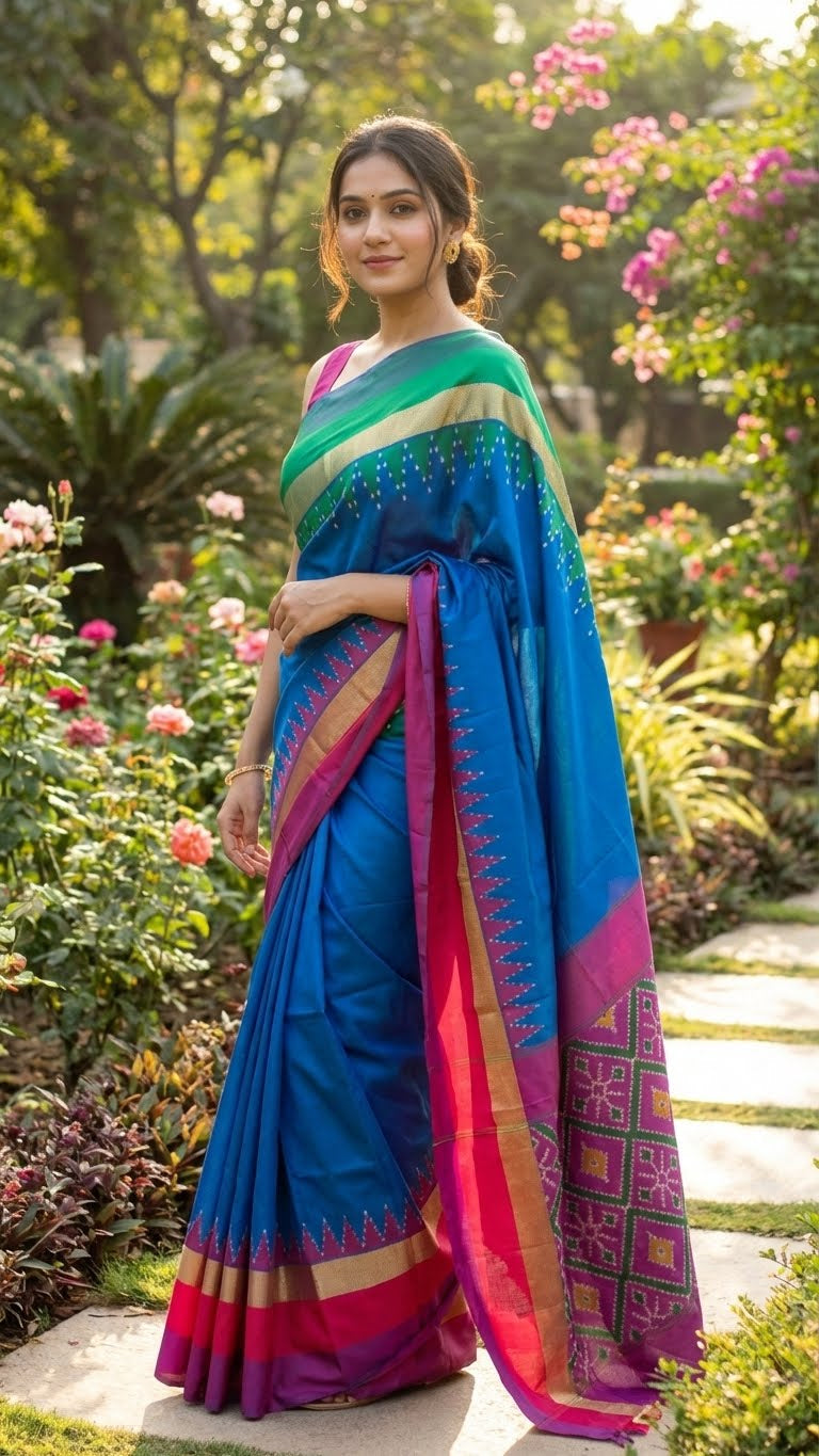 Woman in a soft silk saree in sapphire blue with multicolor border and dotted digital print standing in a garden with flowers and greenery.