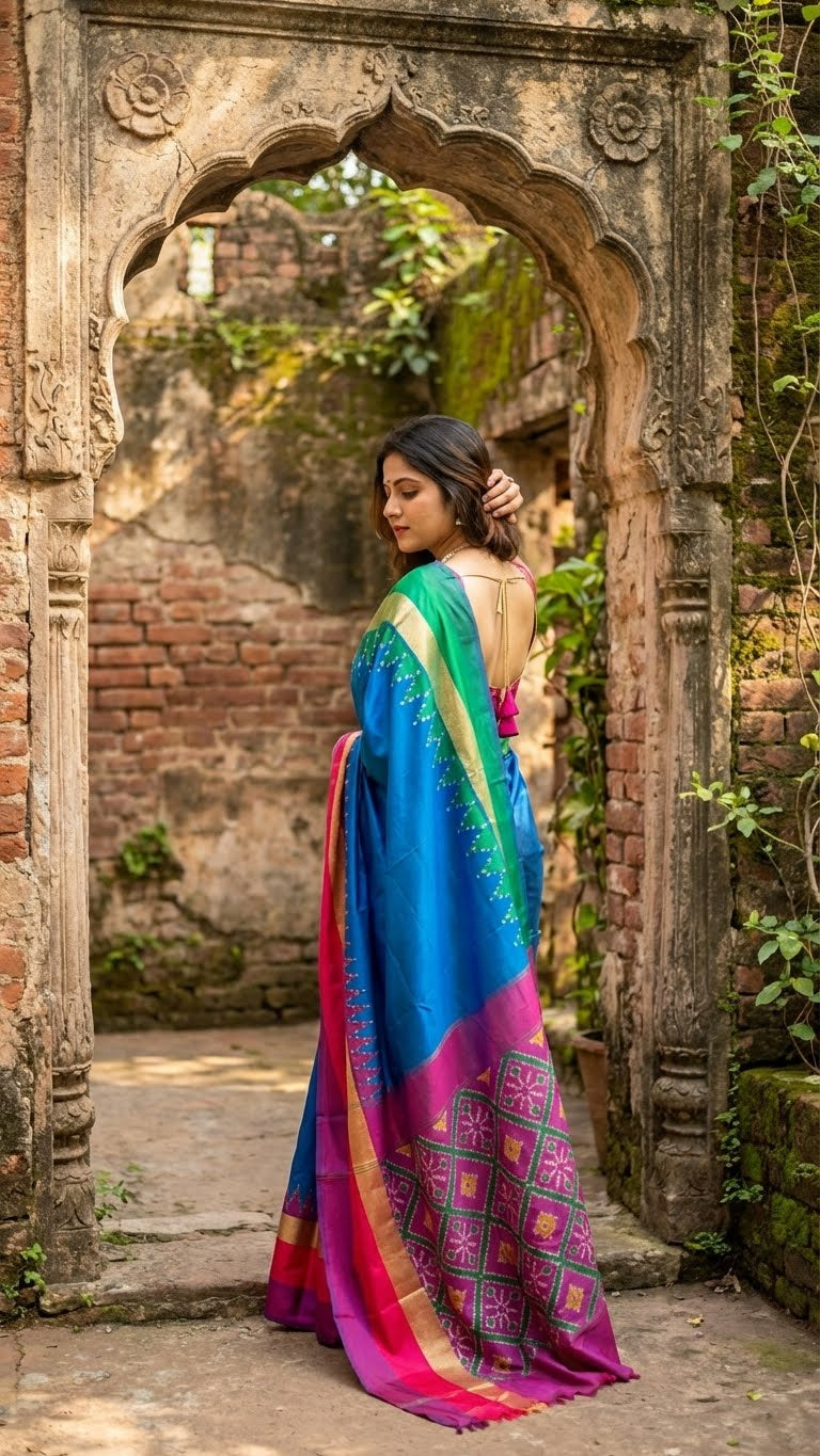 Woman in a soft silk saree in sapphire blue with multicolor border and dotted digital print standing in an archway with a rustic background.