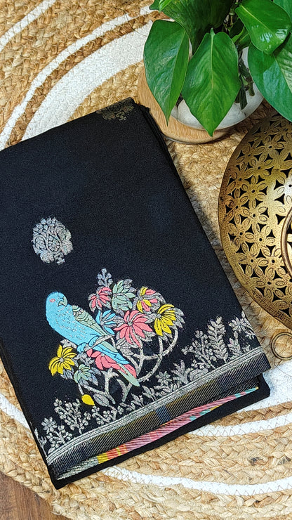 Black Silk Saree with Zari Embroidery with parrot motifs