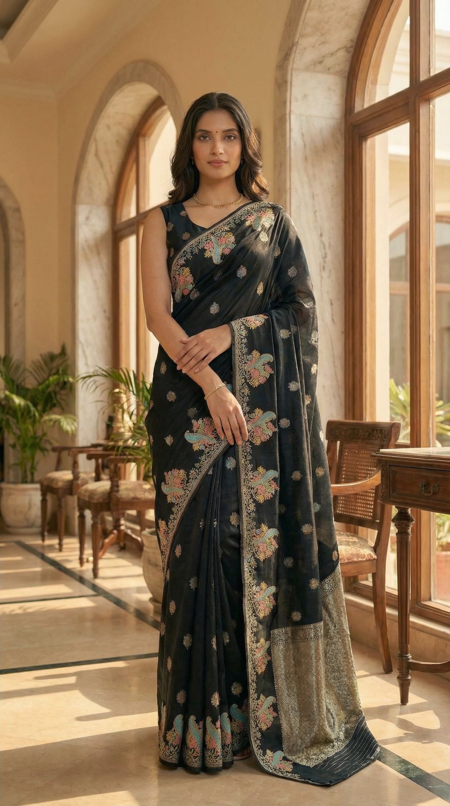 Woman in a Black Silk Saree with Zari Embroidery with parrot motifs, standing in an elegant room with arched windows.