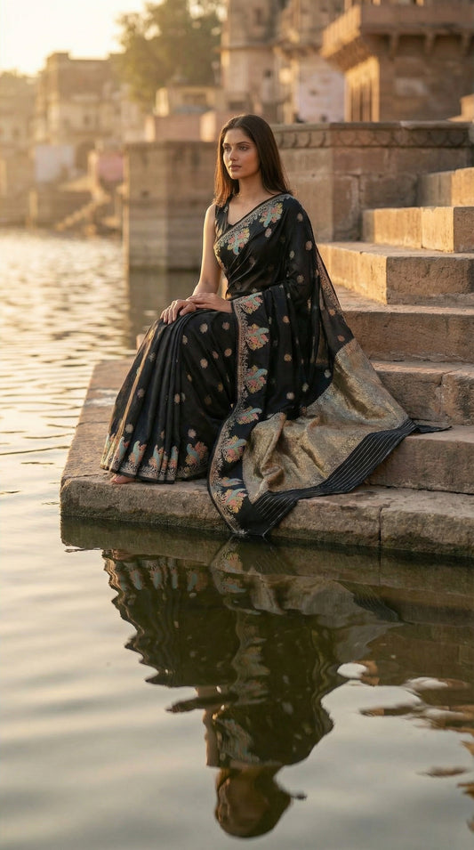 Woman in a Black Silk Saree with Zari Embroidery with parrot motifs, sitting by a water body with a sunset or sunrise in the background.