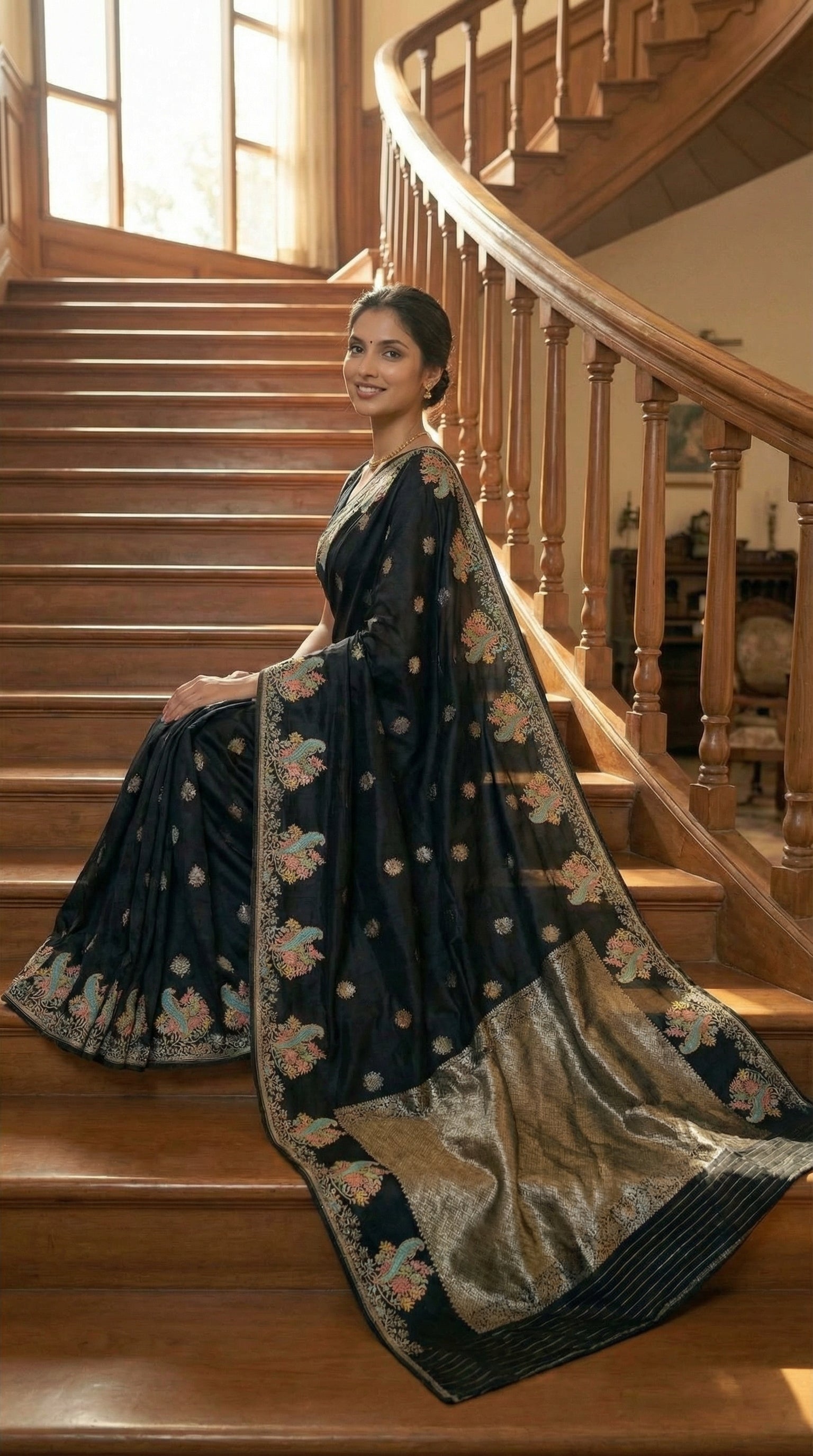 Woman in a Black Silk Saree with Zari Embroidery with parrot motifs, standing on a wooden staircase.