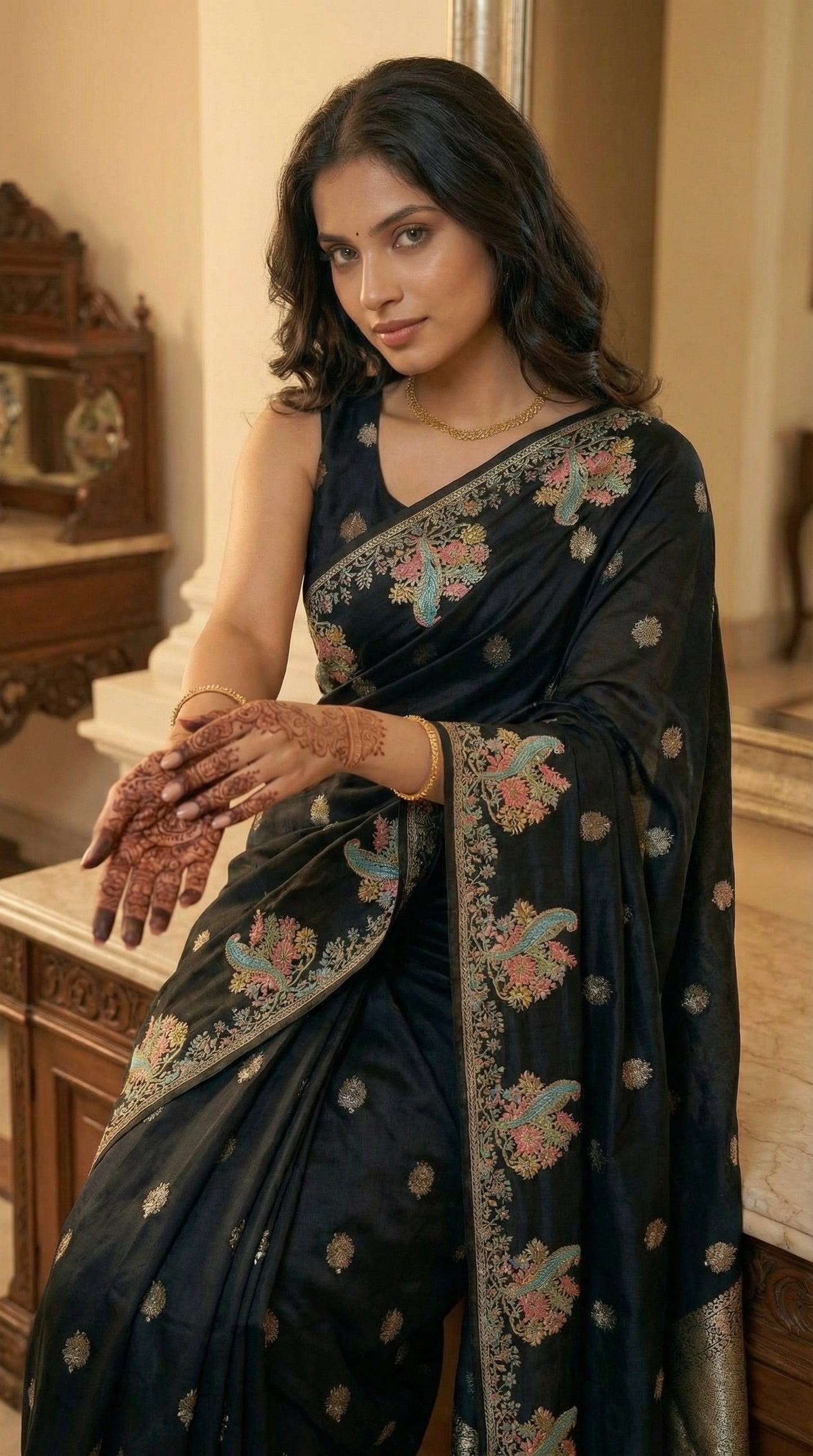 Woman in a Black Silk Saree with Zari Embroidery with parrot motifs, with floral patterns indoors.