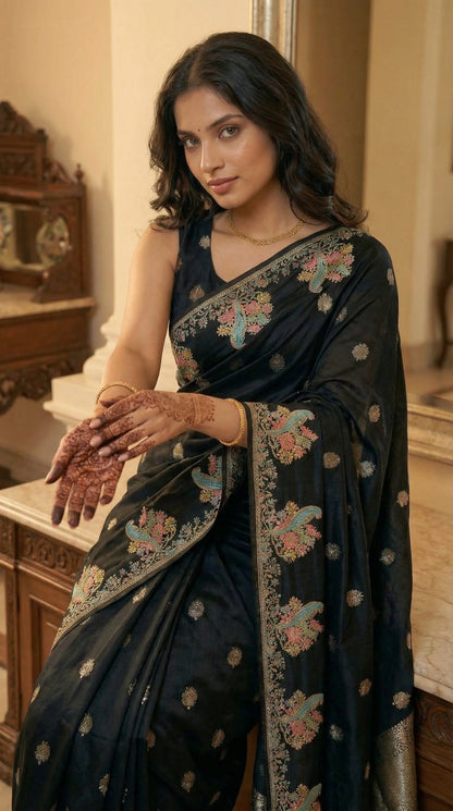 Woman in a Black Silk Saree with Zari Embroidery with parrot motifs, with floral patterns indoors.