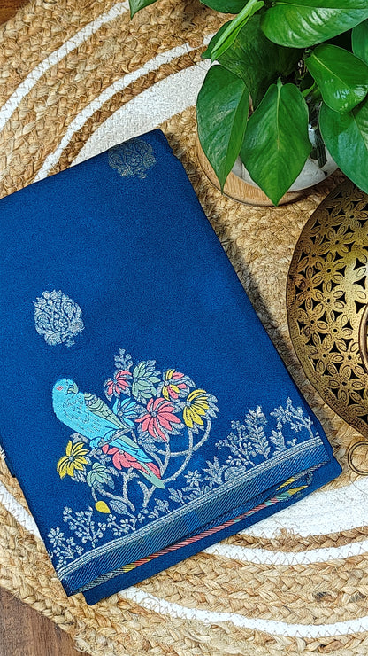Blue Silk Saree with Zari Embroidery with parrot motifs