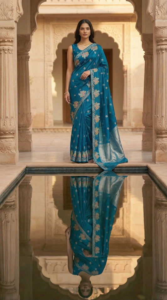 Woman in a Blue Silk Saree with Zari Embroidery with parrot motifs, standing in front of a reflective pool with architectural columns in the background.