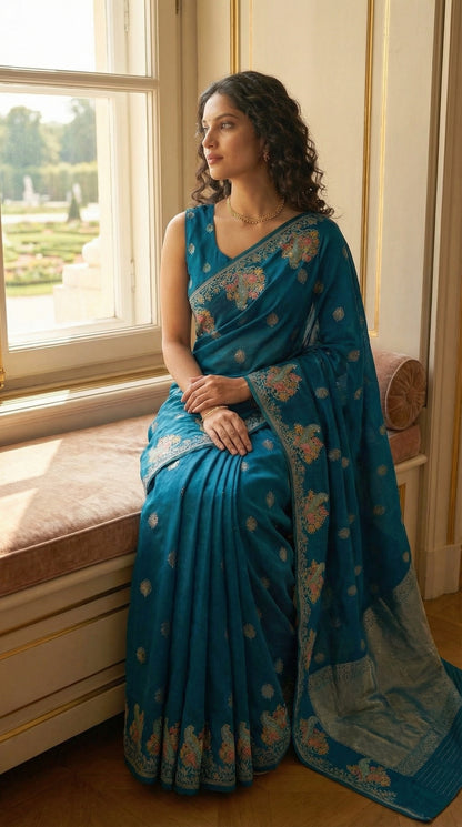 Woman in a Blue Silk Saree with Zari Embroidery with parrot motifs, sitting by a window with a garden view.