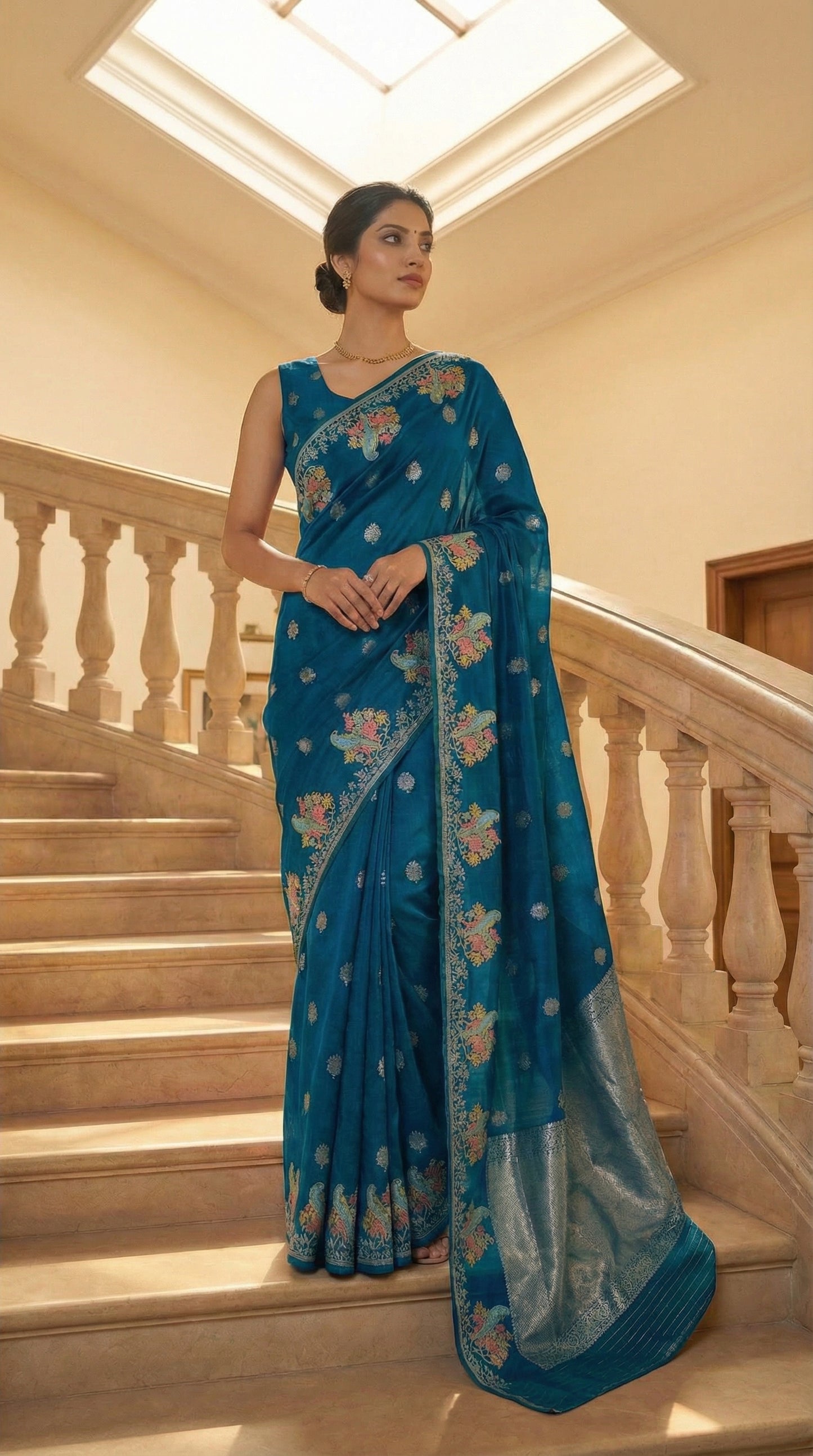 Woman in a Blue Silk Saree with Zari Embroidery with parrot motifs, standing on a staircase.