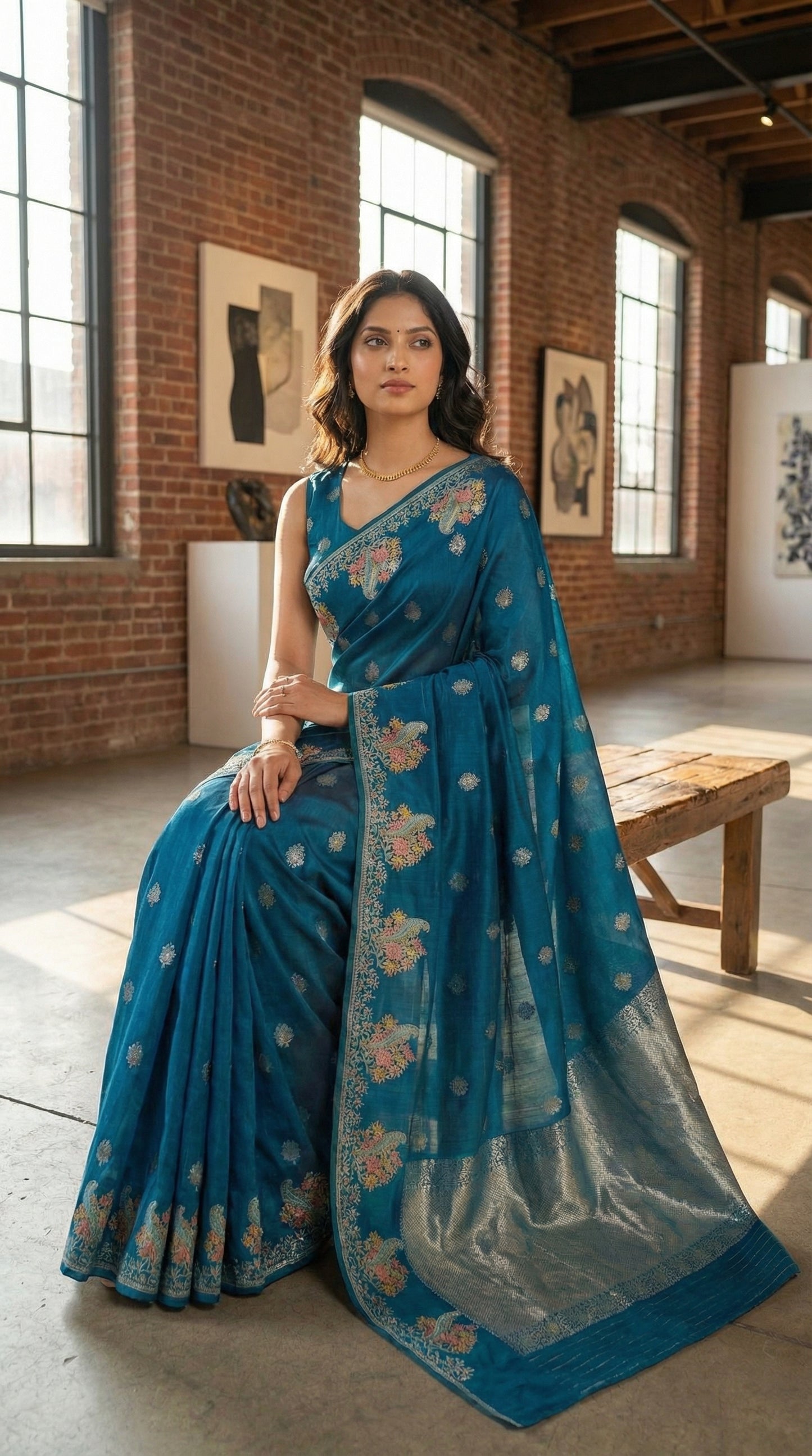Woman in a Blue Silk Saree with Zari Embroidery with parrot motifs, saree with floral patterns in an indoor setting with brick walls and large windows.