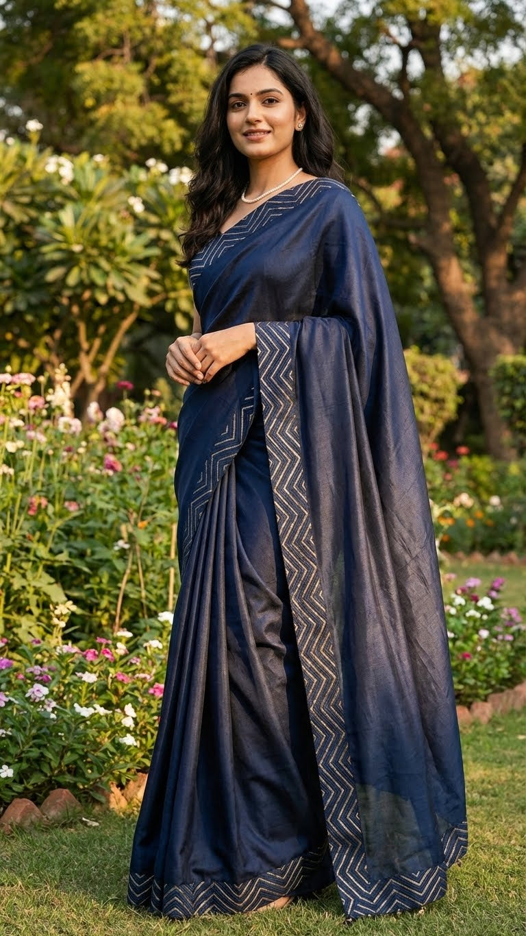 Woman in a Blue silk saree with metallic zigzag border in gold and silver with a garden background