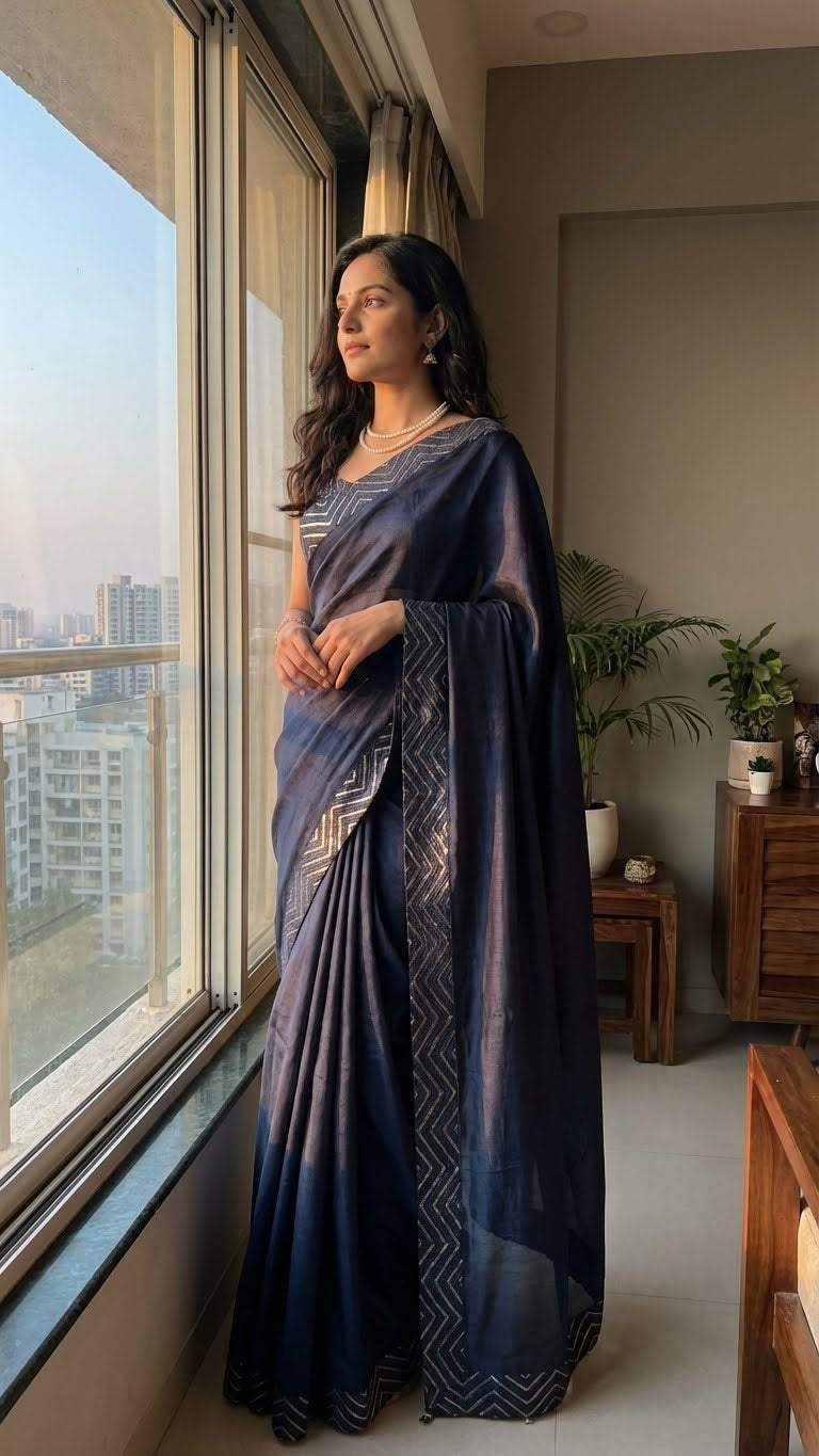 Woman in a blue silk saree with metallic zigzag border in gold and silver standing by a window with a cityscape view.