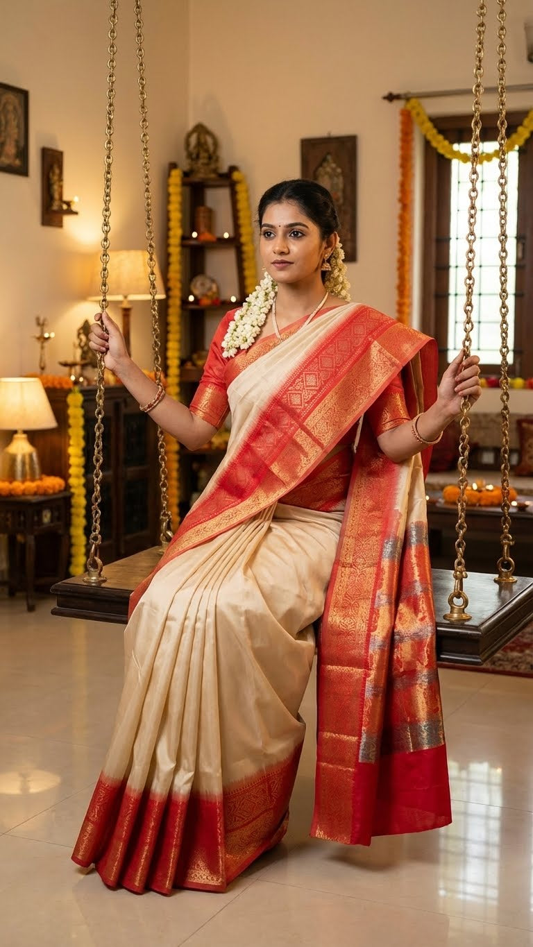 Woman in a silk cream saree with red Zari border and golden motifs sitting on a swing in a decorated room.