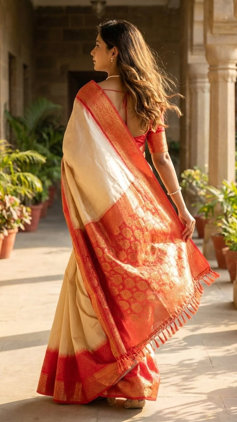 Woman in a silk cream saree with red Zari border and golden motifs walking outdoors with plants and architectural elements in the background