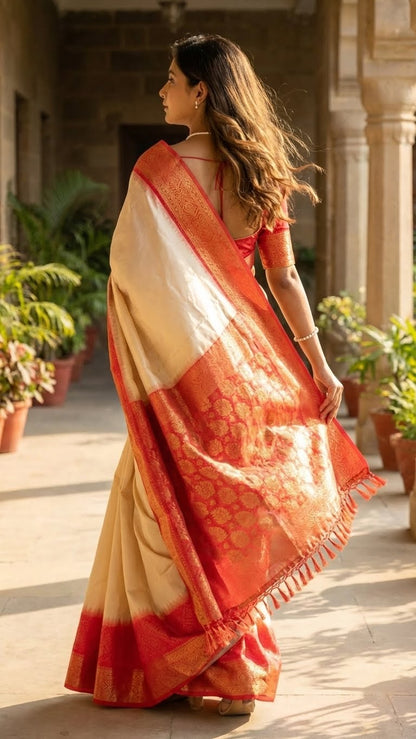 Woman in a silk cream saree with red Zari border and golden motifs walking outdoors with plants and architectural elements in the background