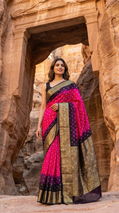 Woman in a Magenta silk saree with broad golden Zari border, standing in a desert setting.