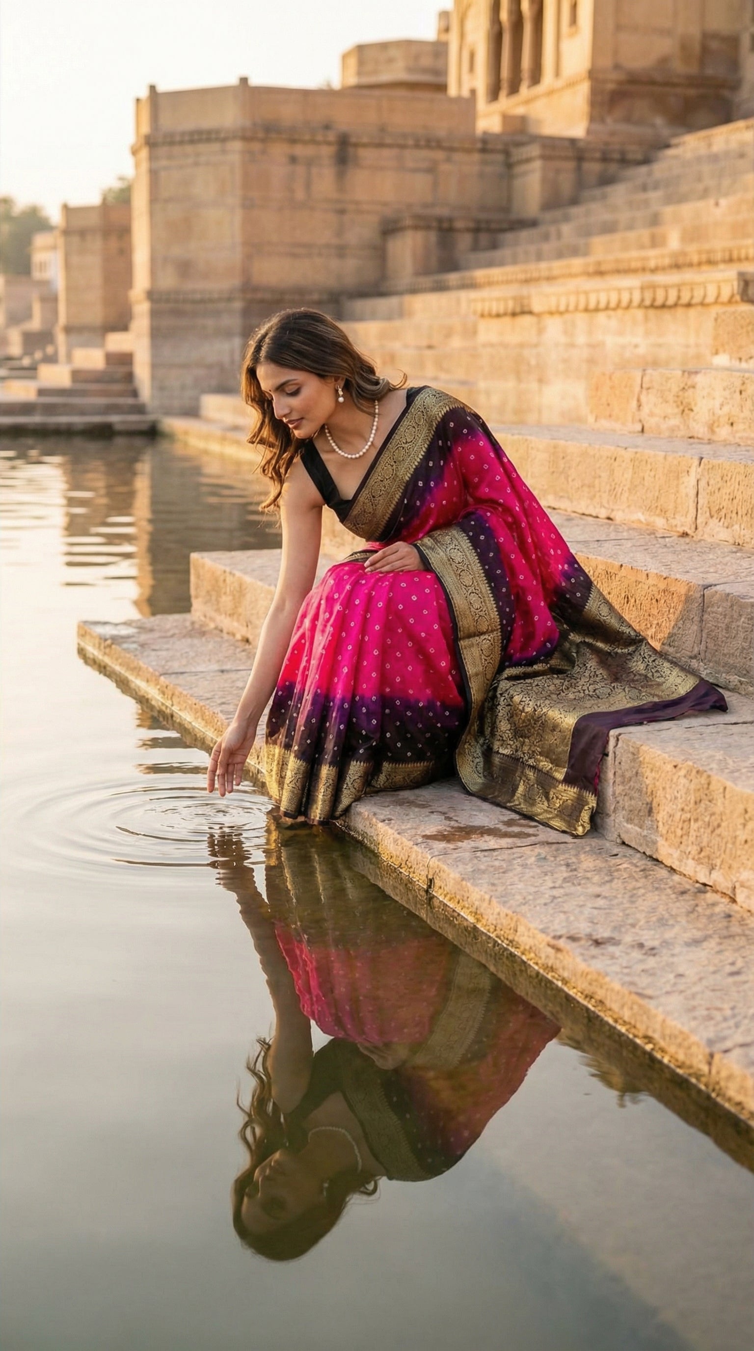 Woman in a Magenta silk saree with broad golden Zari border, sitting on steps by a water body with a reflective surface.