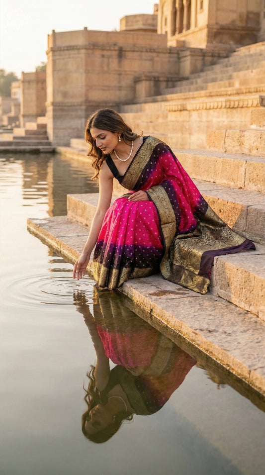 Woman in a Magenta silk saree with broad golden Zari border, sitting on steps by a water body with a reflective surface.