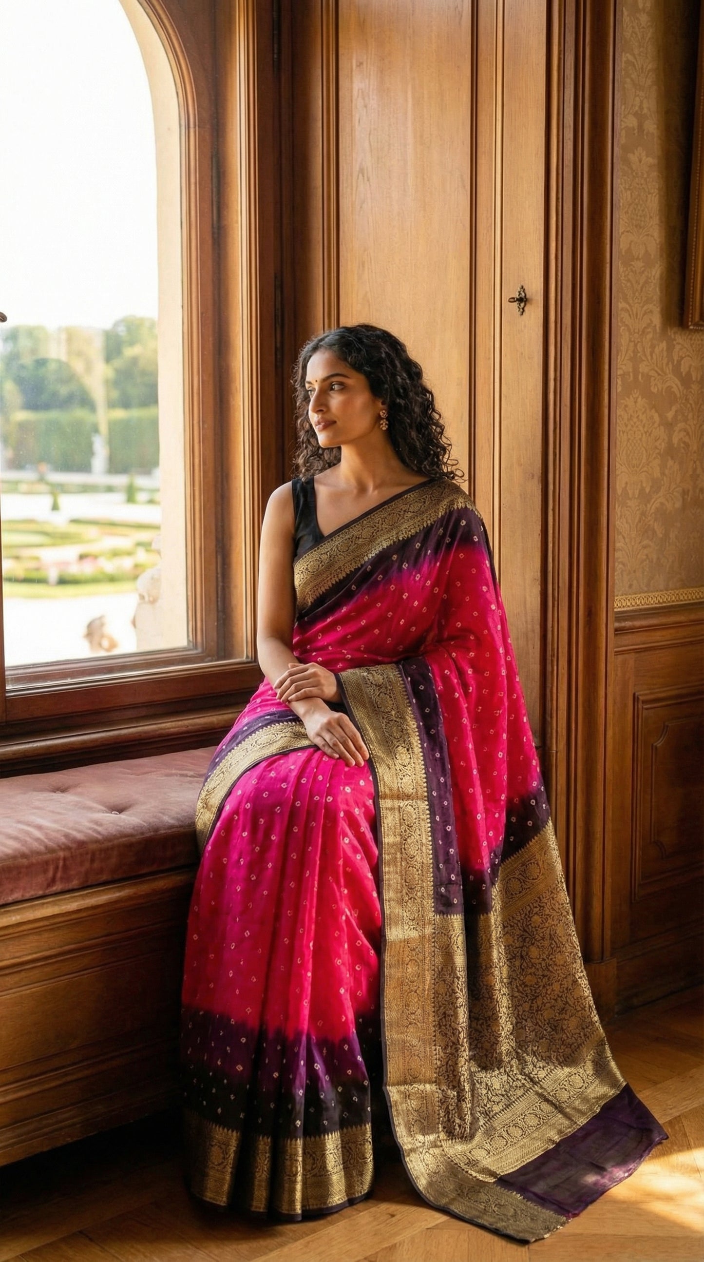 Woman in a Magenta silk saree with broad golden Zari border, sitting by a window with a garden view.