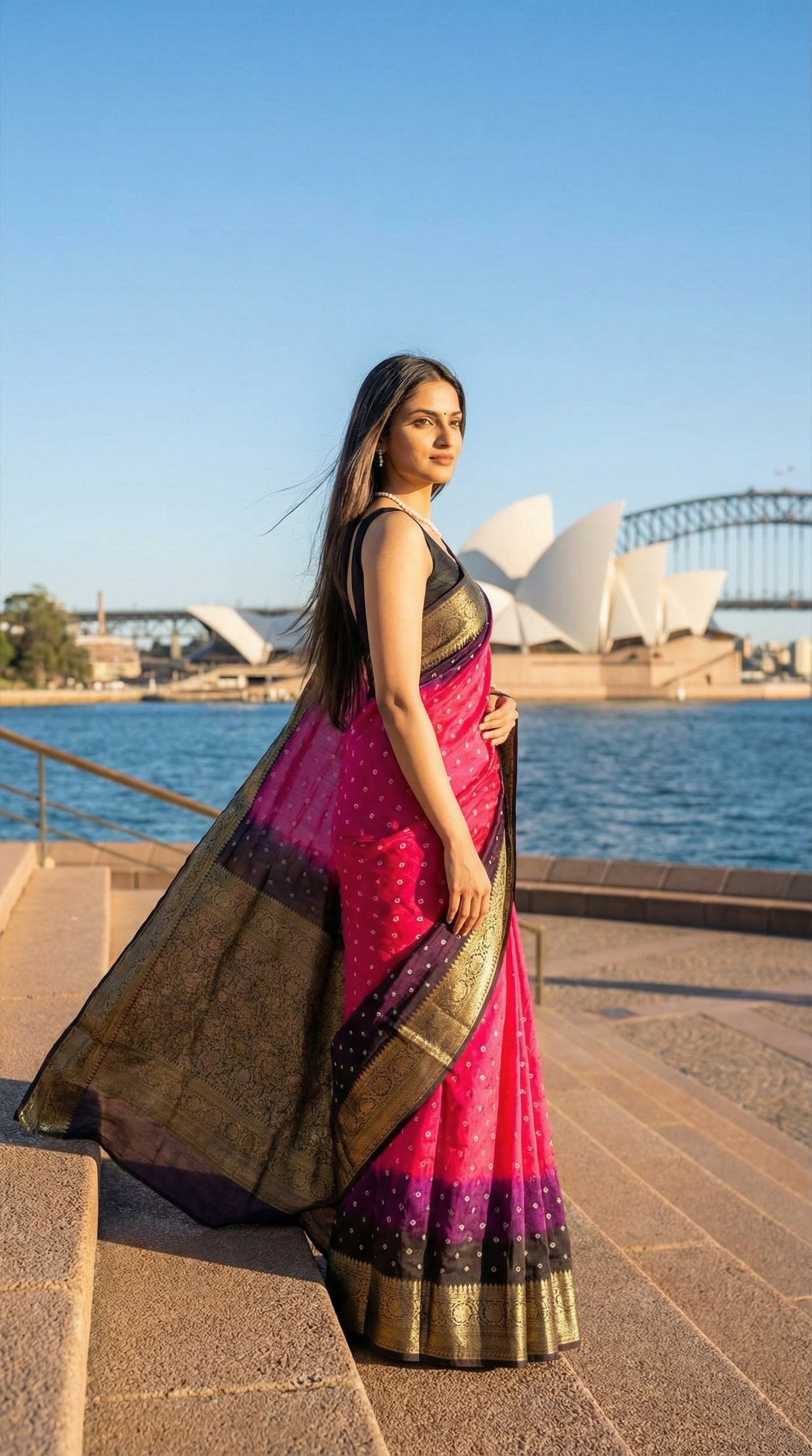 Woman in a Magenta silk saree with broad golden Zari border, standing in front of the Sydney Opera House.