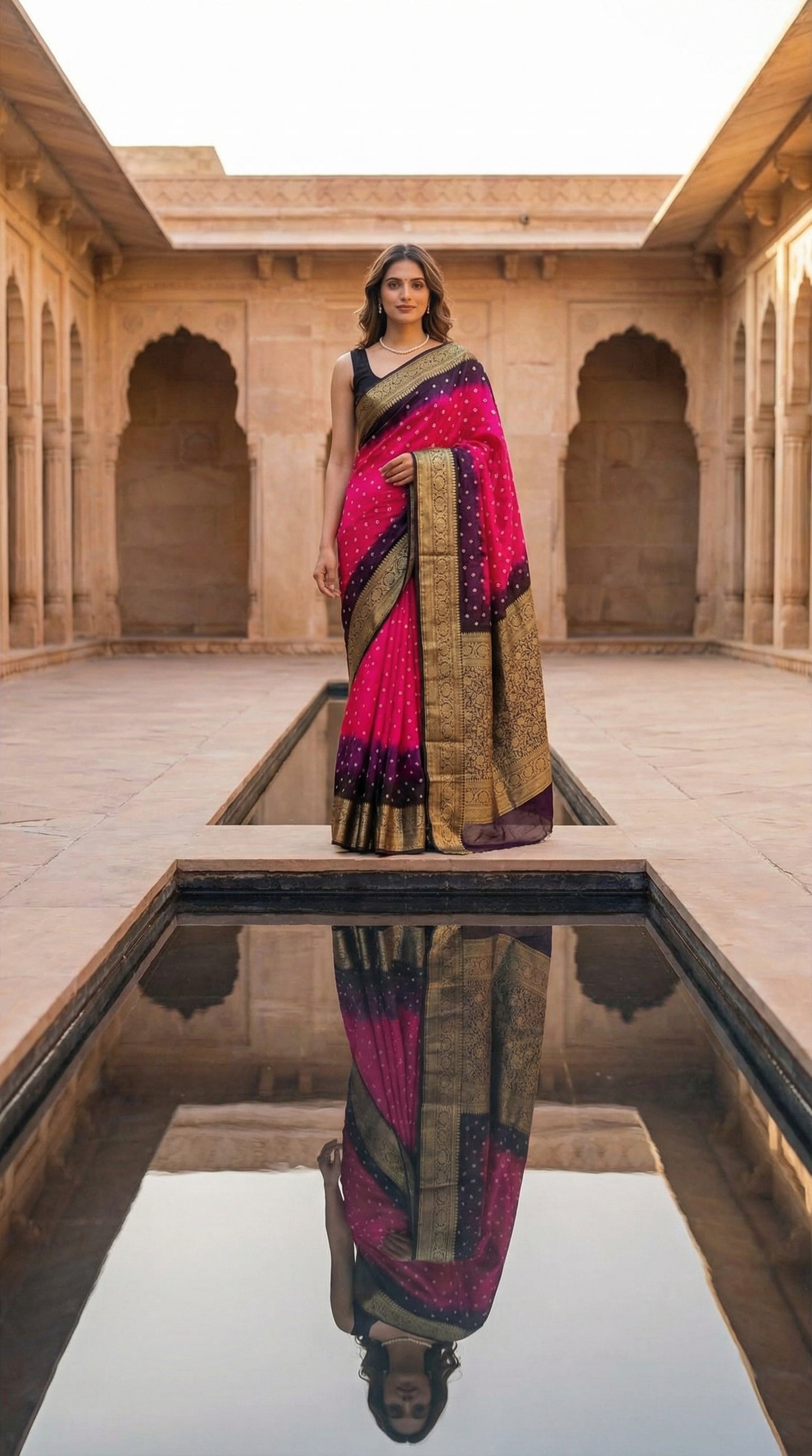 Woman in a Magenta silk saree with broad golden Zari border, standing in front of an architectural structure with water reflection.
