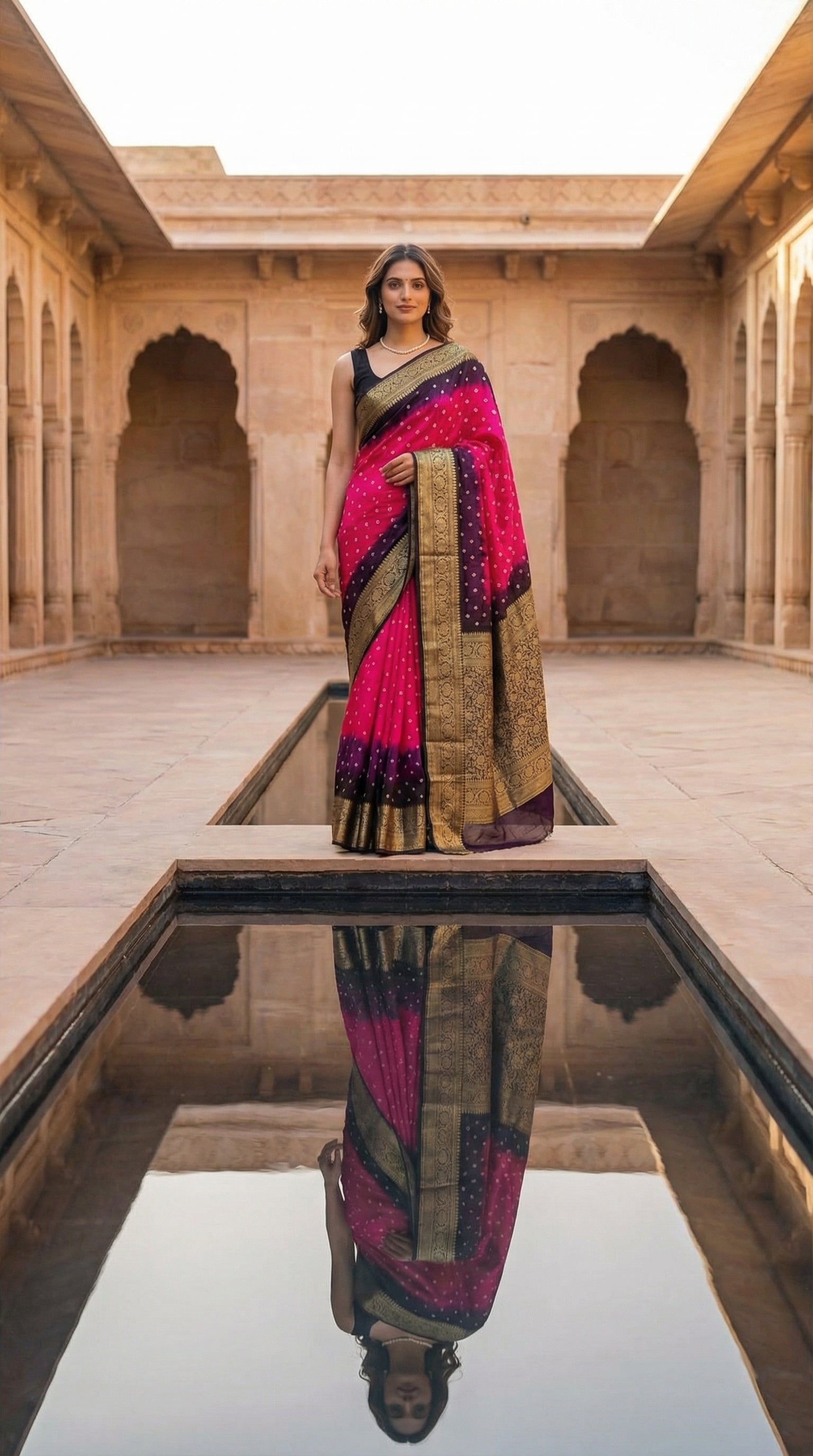 Woman in a Magenta silk saree with broad golden Zari border, standing in front of an architectural structure with water reflection.