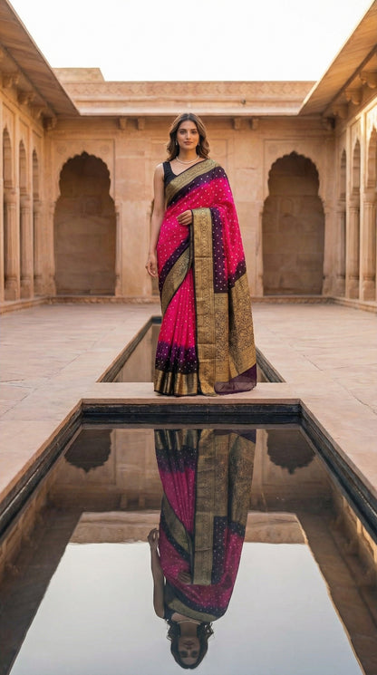 Woman in a Magenta silk saree with broad golden Zari border, standing in front of an architectural structure with water reflection.