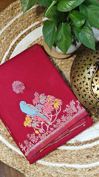 Magenta Silk Saree with Zari Embroidery with parrot motifs