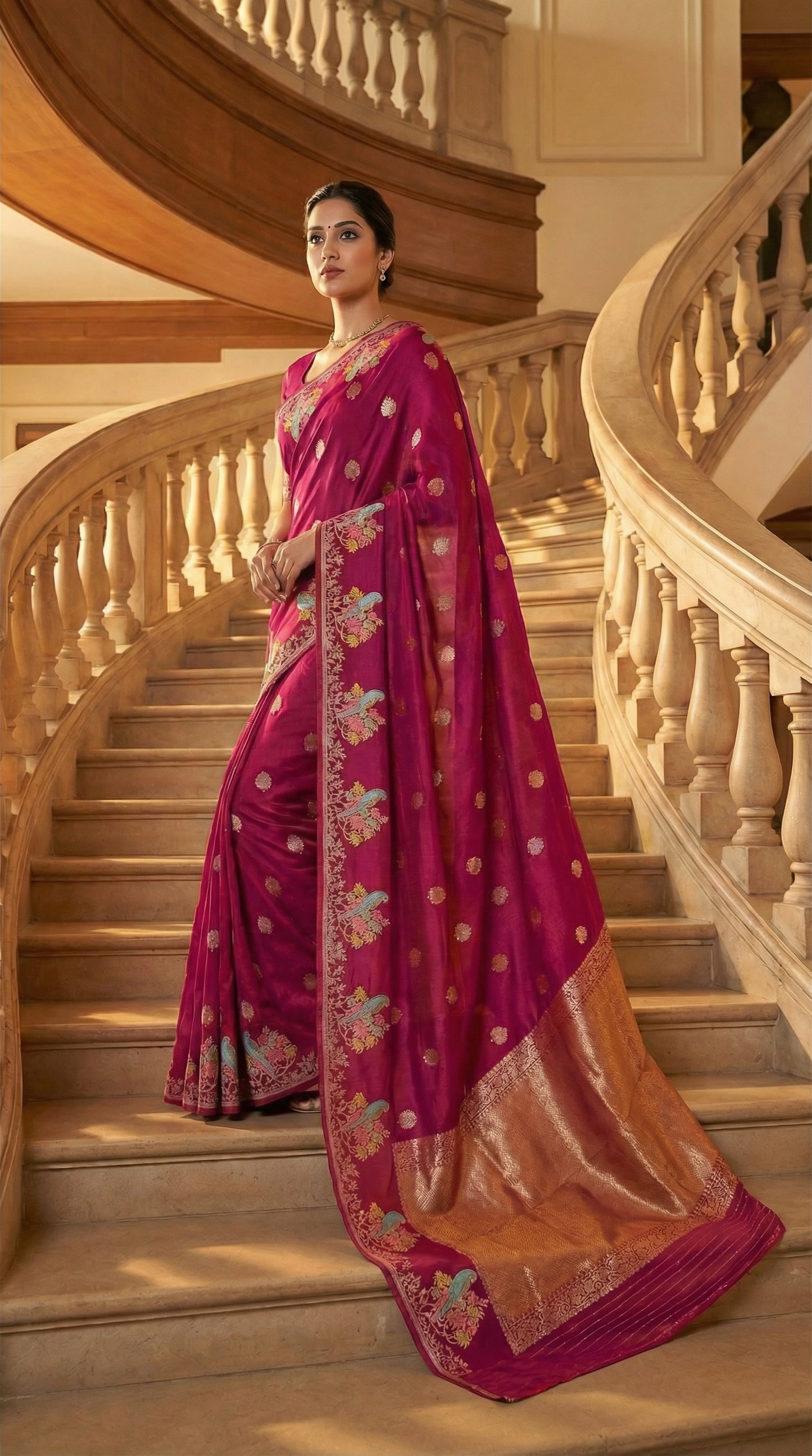 Woman in a Magenta Silk Saree with Zari Embroidery with parrot motifs, standing on a staircase.