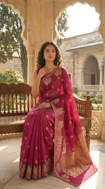 Woman in a Magenta Silk Saree with Zari Embroidery with parrot motifs, sitting on a wooden bench in an outdoor setting.