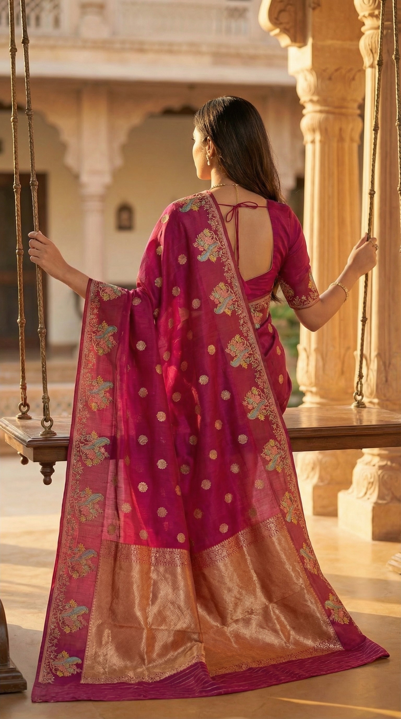 Woman in a Magenta Silk Saree with Zari Embroidery with parrot motifs, sitting on a swing in an architectural setting.